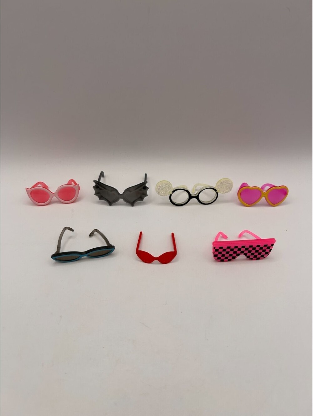 Lot 7 Fashion Doll Sunglasses Bat Wing Heart Checkered Cat Eye Glitter Ears 1:6
